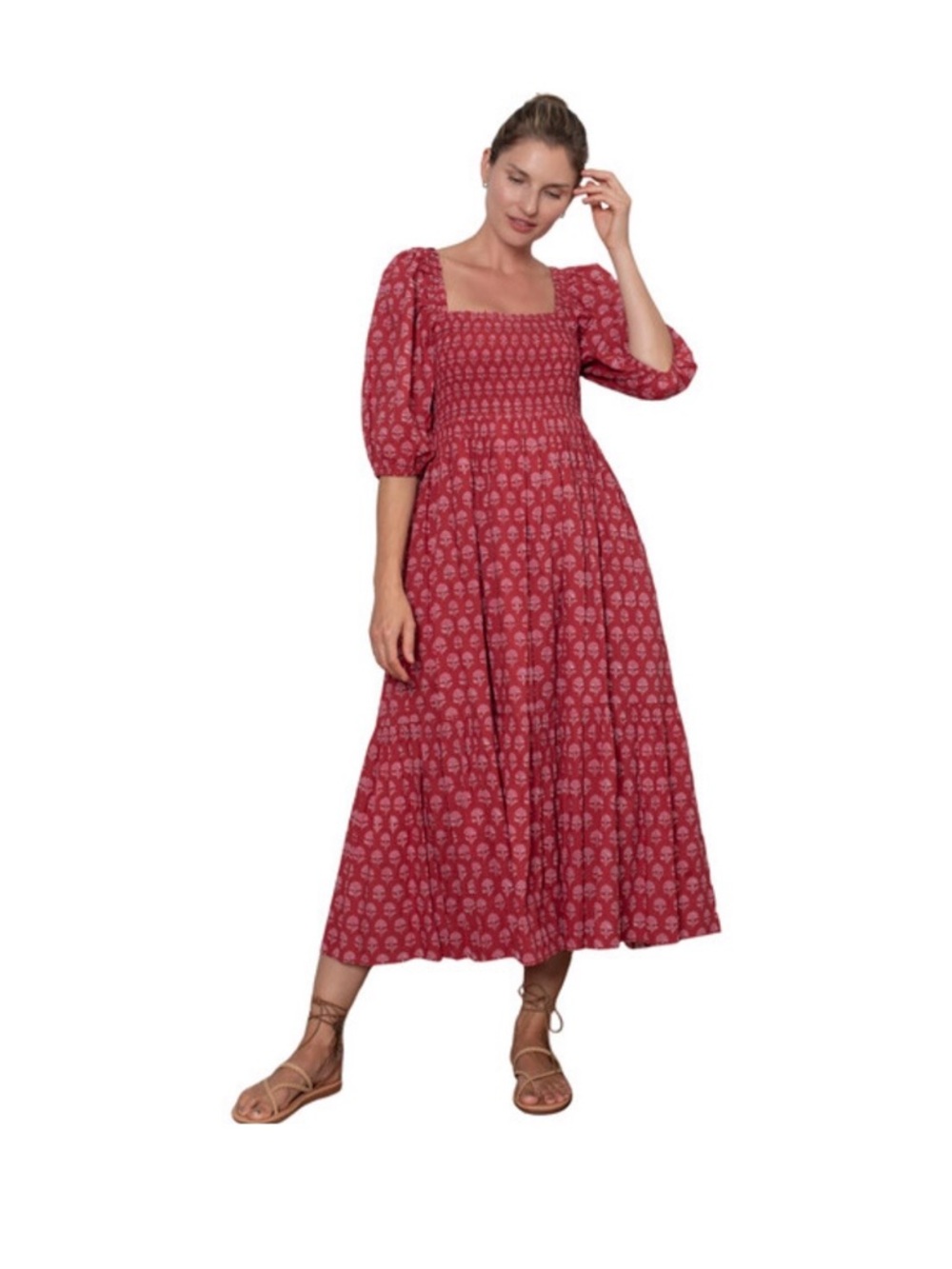 Ophelia and Indigo Elsie dress in pink and red floral block print